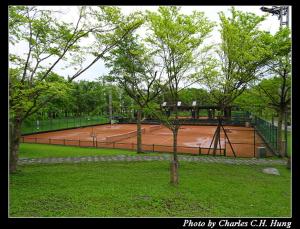 羅東鎮的住宿－５号公園民宿，树木繁茂的公园内的网球场