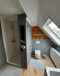 an attic bathroom with a shower and a toilet at Ferienhaus am Bornfeld in Leimen