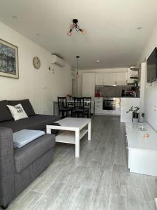 ein Wohnzimmer mit einem Sofa und einem Tisch in der Unterkunft Apartments Tom in Mimice