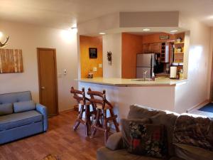 a living room with a couch and a kitchen at Adventure in the woods @ Seven Springs in Champion