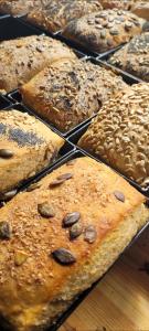 a bunch of different types of bread with nuts on them at Agroturystyka Głuchowskie Specjały in Głuchów