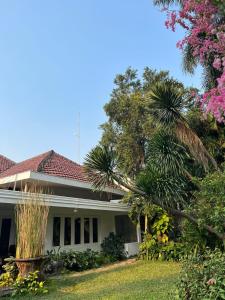 a white house with palm trees in the yard at SOETJIPTO HOME STAY VILLA in Jakarta