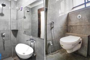 Naiāpura的住宿－FabHotel Brij Residency，浴室设有卫生间和淋浴,两幅图片