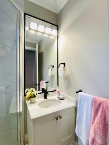 a bathroom with a sink and a shower and a mirror at Home sweet home in Richmond
