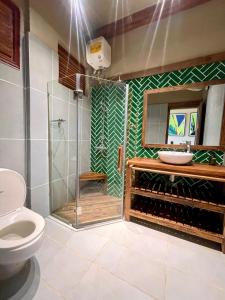 a bathroom with a shower and a toilet and a mirror at The Banana Tree Hostel in Ninh Binh