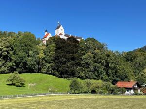 una casa en la cima de una colina con un campo en Ferienwohnung Schlossblick, en Aschau im Chiemgau