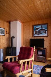ein Wohnzimmer mit einem Stuhl und einem Kamin in der Unterkunft Houmbgaarden in Røros