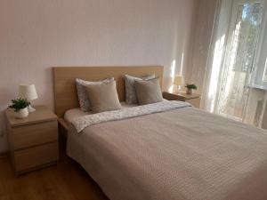 a bedroom with a bed with pillows and two lamps at Center two bedroom apartment in Daugavpils