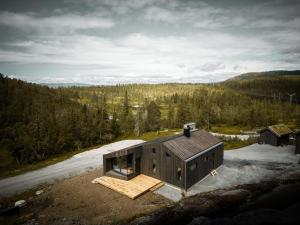 una vista aérea de una casa en el bosque en Moderne hytte på Norefjell, en Noresund