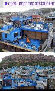 Gopal Home Stay & Guest House في جودبور: صورتين للمبنى مع الطلاء الأزرق