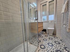 La salle de bains est pourvue d'une douche et de toilettes. dans l'établissement 135B2 Precioso Apartamento en Playa San Lorenzo, à Gijón