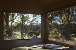 1 dormitorio con 2 ventanas, 1 cama y árboles en Southern Highlands Vineyard Cabin by Outpost, en Exeter