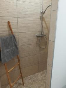 eine Dusche mit einem Handtuch auf einer Leiter im Bad in der Unterkunft Le Mazet d'Olivia, escapade romantique en Provence in Châteauneuf-de-Gadagne