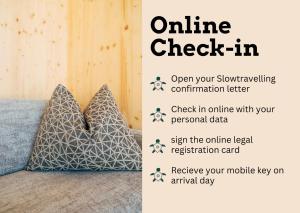 a flyer for a online check in with a pillow at Eco Lodges Millstätter See in Döbriach