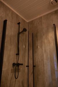 a shower in a bathroom with a shower head at Skanckegårdene AS in Røros +17 photos
