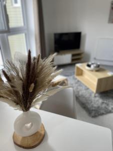 - un vase avec des plumes sur une table dans le salon dans l'établissement Modern 2-bedroom apartment, free parking for 2, walking distance to town centre, à Peterborough