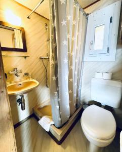 Baño pequeño con aseo y lavamanos en Chalet Wiesehockli - CharmingStay en Flumserberg