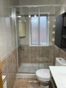 a bathroom with a shower and a toilet at Habitación económica en Madrid Sur in Getafe