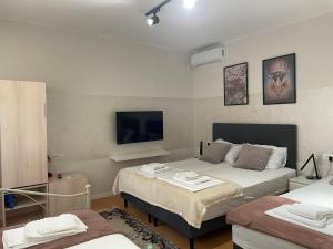 a bedroom with two beds and a tv on the wall at MyHome2 in Subotica