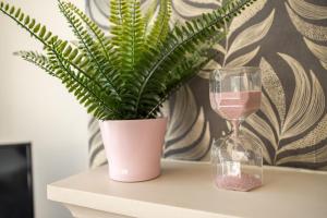 a plant on a table with a clock and a vase at Brinkburn House By Horizon Stays in Stockton-on-Tees