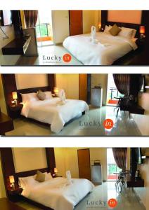 two pictures of a hotel room with two beds at Lucky inn Residency in Pattaya South