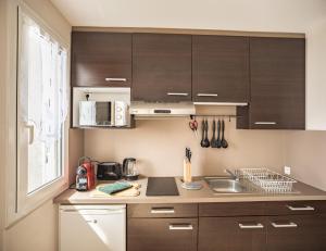 a kitchen with brown cabinets and a sink at Voltaire Lion Suite - 5 min Hypercentre in Troyes +5 photos