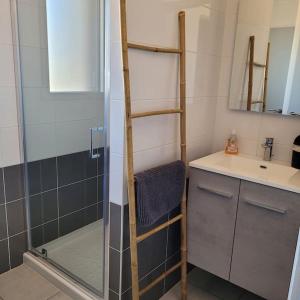 een kleine badkamer met een douche en een wastafel bij Maison à 100m de la Mer in Saint-Hilaire-de-Riez