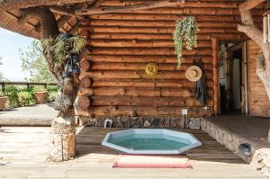 una piscina frente a una casa de madera en Mountain Canadian Log Home, en Kalkheuvel