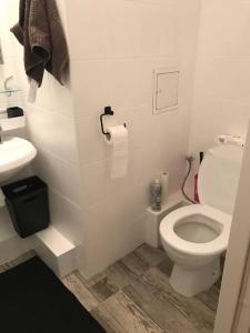biała łazienka z toaletą i umywalką w obiekcie Przytulny apartament z bezpłatnym parkingiem w Olsztynie