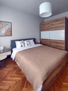 a bedroom with a large bed with a wooden headboard at Specious Modern Apartment in Sofia