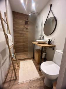 uma casa de banho com um WC, um lavatório e um espelho. em Specious Modern Apartment em Sófia
