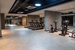 a gym with rows of treadmills and elliptical machines at Spacious Apt With Balcony- Tranquil City Haven in Istanbul