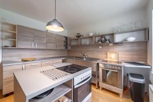 una cocina con electrodomésticos de acero inoxidable y armarios de madera en Penzión Živa Bijacovce, en Bijacovce