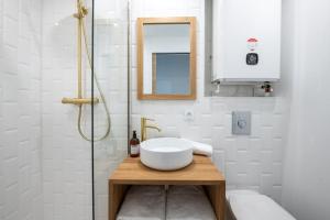La salle de bains est pourvue d'un lavabo et d'une douche. dans l'établissement Le Goélette - Superb cosy apartment, à Lyon