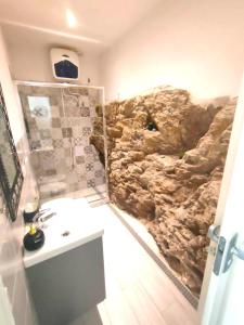 a bathroom with a large rock wall at The small waterfall house, la cascatella in Massa