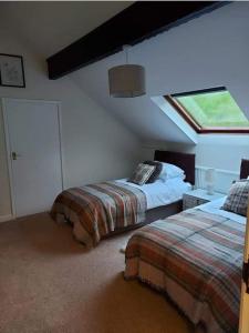 a attic bedroom with two beds and a skylight at Riverside Retreat in Llandysul