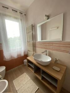 La salle de bains est pourvue d'un lavabo, d'un miroir et de toilettes. dans l'établissement Casa Vacanze la Pineta, à Montalcino
