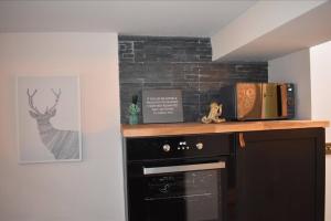 a kitchen with a black oven and a brick wall at Luxury 2-Bed Cottage in Llansteffan in Carmarthen