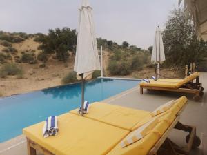 uma piscina com duas espreguiçadeiras e um guarda-sol em Dhora Desert Resort, Signature collection by Eight Continents em Shaitrāwa