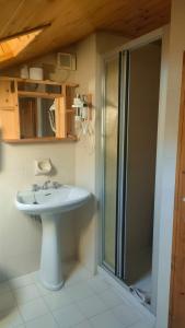 La salle de bains est pourvue d'un lavabo et d'une douche. dans l'établissement Camere vecchio borgo, à Bormio