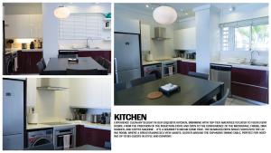 un collage de fotos de una cocina con mesa en Plage Bleue D2 en Trou aux Biches