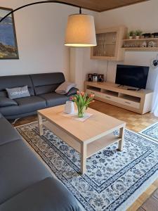 a living room with a couch and a coffee table at Ferienwohnung Sauerland Feeling in Olsberg