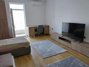 a bedroom with a flat screen tv and a desk at TSG apartament 2 in Valea lui Mihai