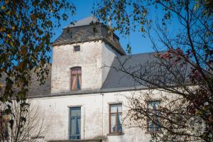 un edificio blanco con una torre encima en Le domaine du château blanc à 10 minutes de Paira Daiza en Jurbise