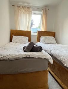 2 nebeneinander sitzende Betten in einem Schlafzimmer in der Unterkunft Cozy 2bed apartment w/ parking in Swindon