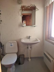 a bathroom with a toilet and a sink at Sandy Beach Cottage in Uddevalla