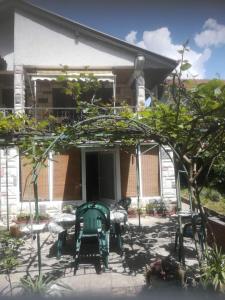 un patio con una silla verde frente a una casa en Apartmani Pasuljevic, en Veliko Gradiste