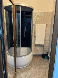 a bathroom with a shower and a bath tub at MEHTUP SRL in Piteşti