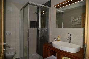 a bathroom with a sink and a glass shower at Apartement Schuster Lake Prags Braies in Braies +31 photos