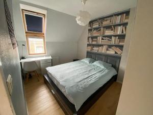 a bedroom with a bed and a desk and a book shelf at Le Lagon bleue T avec extérieur in Amiens